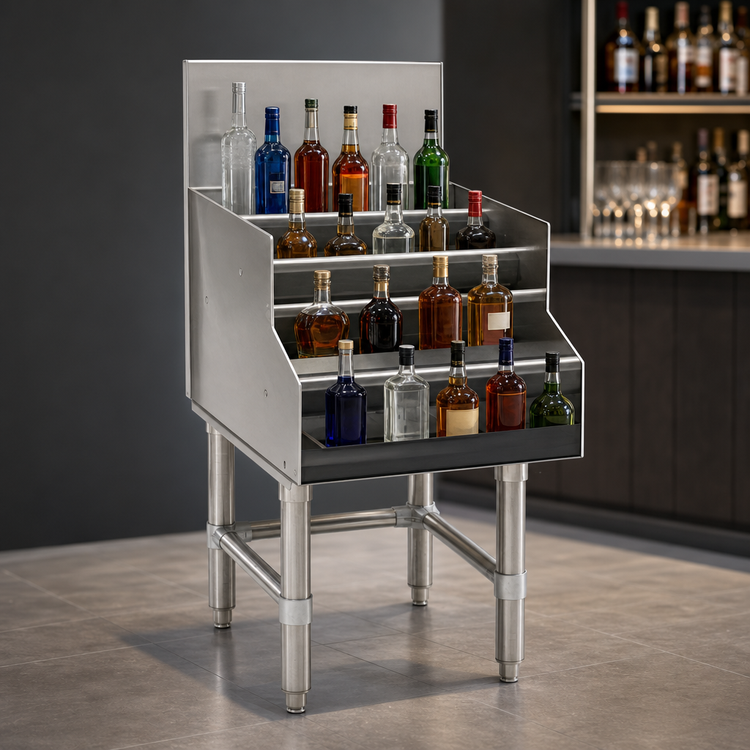 Product image #4 for Eagle Group Spec-Bar 24-Inch Wide Freestanding 4-Step Stainless Steel Liquor Bottle Display Unit