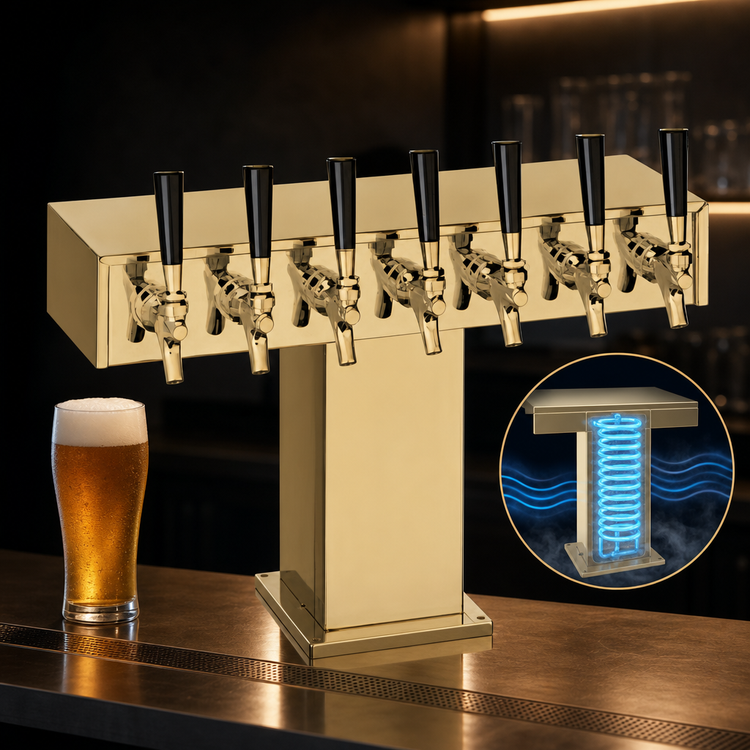 Product image #4 for Perlick Wide Base Tee Draft Beer Tower, 8 Faucets, Extra High, Glycol-Cooled, Tarnish-Free Brass, Countertop