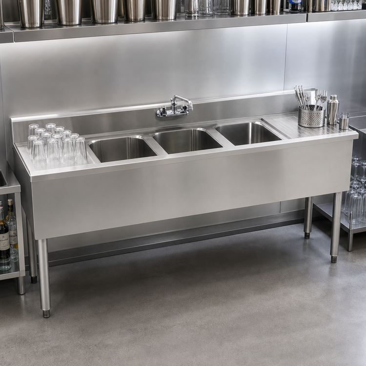Product image #4 for Eagle Group 1800 Series Three-Compartment Underbar Sink Unit with Left and Right Drainboards, 96 Inch, 304 Stainless Steel