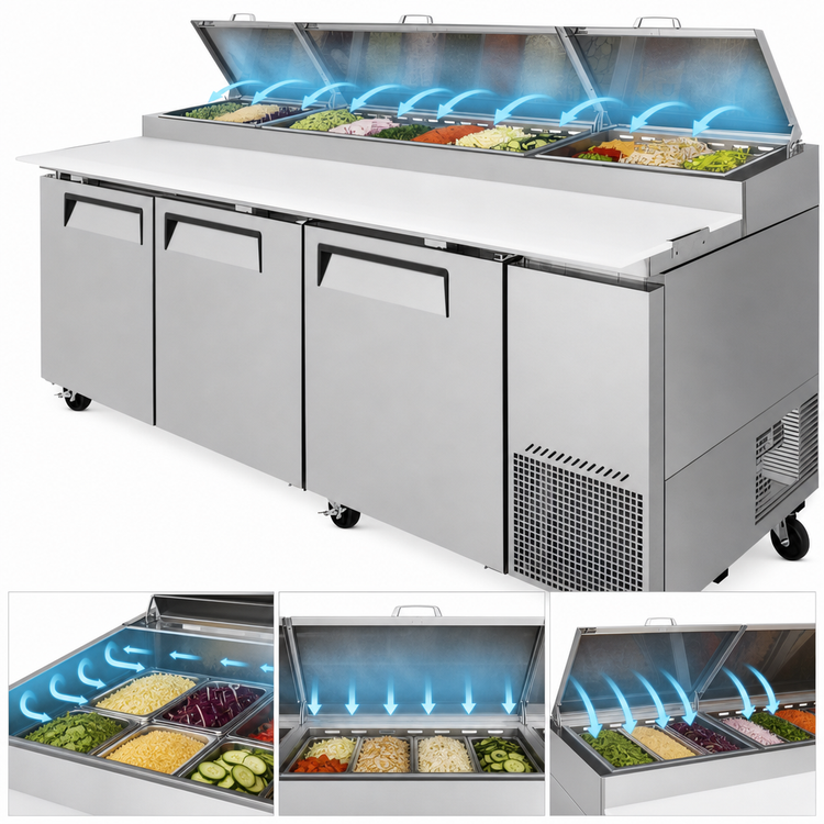 Product image #4 for Turbo Air Super Deluxe Three-Section Pizza Prep Table with Self-Cleaning Condenser, 31 Cu. Ft., 93-1/8-Inch Wide
