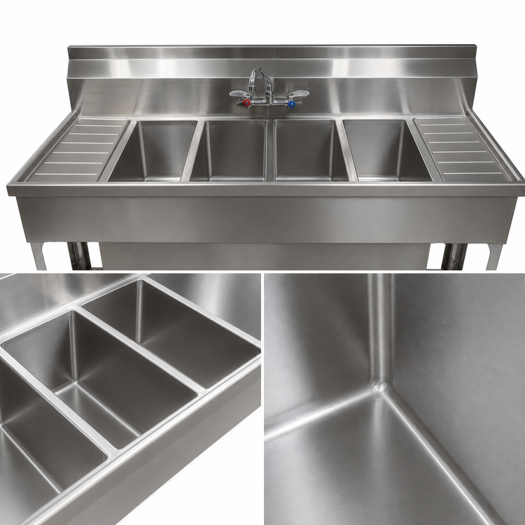 Product image #5 for BK Resources Slim-Line 4-Compartment Underbar Sink with Dual Drainboards, 96 Inch Wide