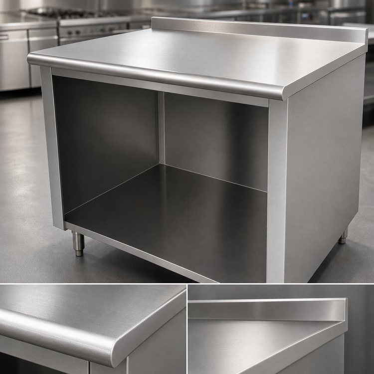 Product image #4 for Advance Tabco 108" x 36" 14-Gauge 304 Stainless Steel Work Table with Open Front Cabinet Base and 1-1/2" Rear Up-Turn