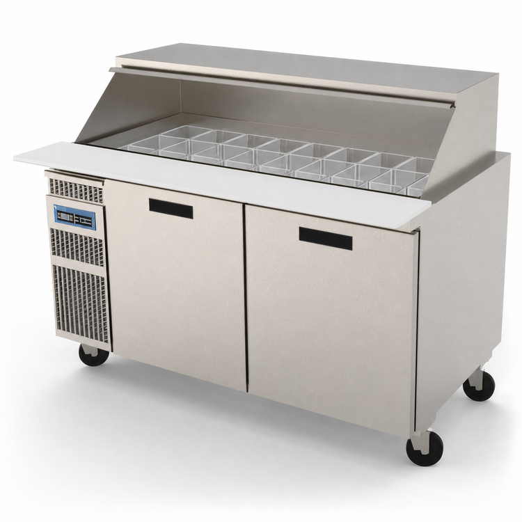 Product image #4 for Randell 60-Inch High Heat Refrigerated Mega-Top Sandwich Prep Table / Breading Table, 2-Section, 9.8 Cu. Ft., Side-Mounted Self-Contained Refrigeration