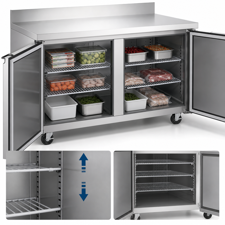Product image #4 for Omcan USA 47 Inch Two-Section Worktop Freezer with Solid Doors, 11 Cu. Ft., Stainless Steel, Rear-Mounted Refrigeration