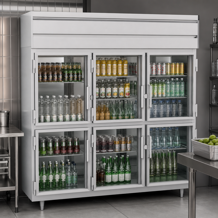 Product image #4 for Beverage-Air P-Series Three-Section Pass-Thru Reach-In Refrigerator with 12 Glass Half Doors, 73.99 Cu. Ft., Top-Mounted Self-Contained Refrigeration
