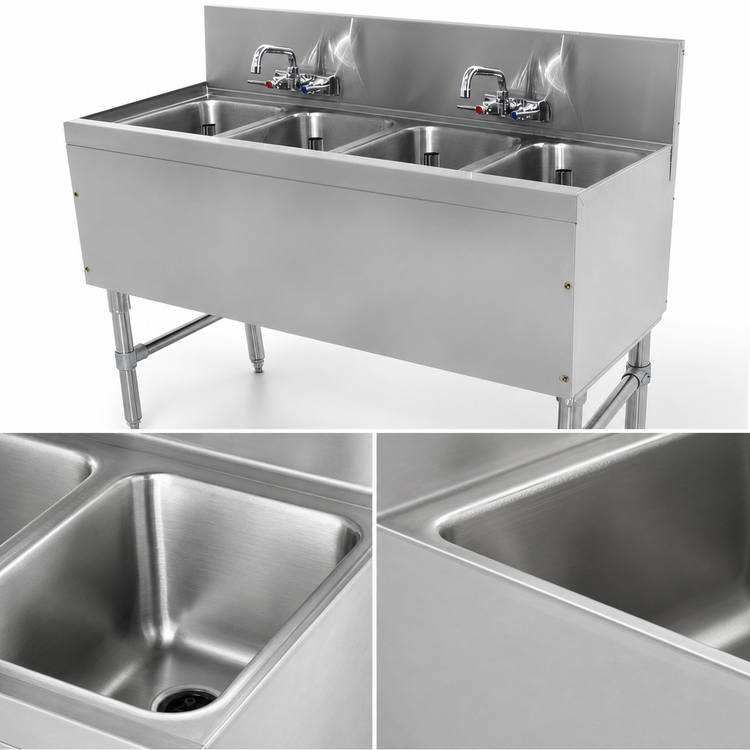 Product image #4 for Advance Tabco Prestige Supreme 4-Compartment Stainless Steel Underbar Sink Unit with 2 Splash-Mount Faucets, 48W x 20D x 36H, No Drainboards
