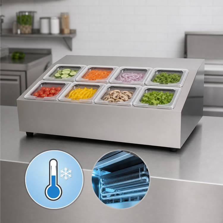 Product image #4 for Omcan Countertop Refrigerated Salad Bar Prep Rail Station, 28 Inch Wide, 8 x 1/6 Pan Capacity