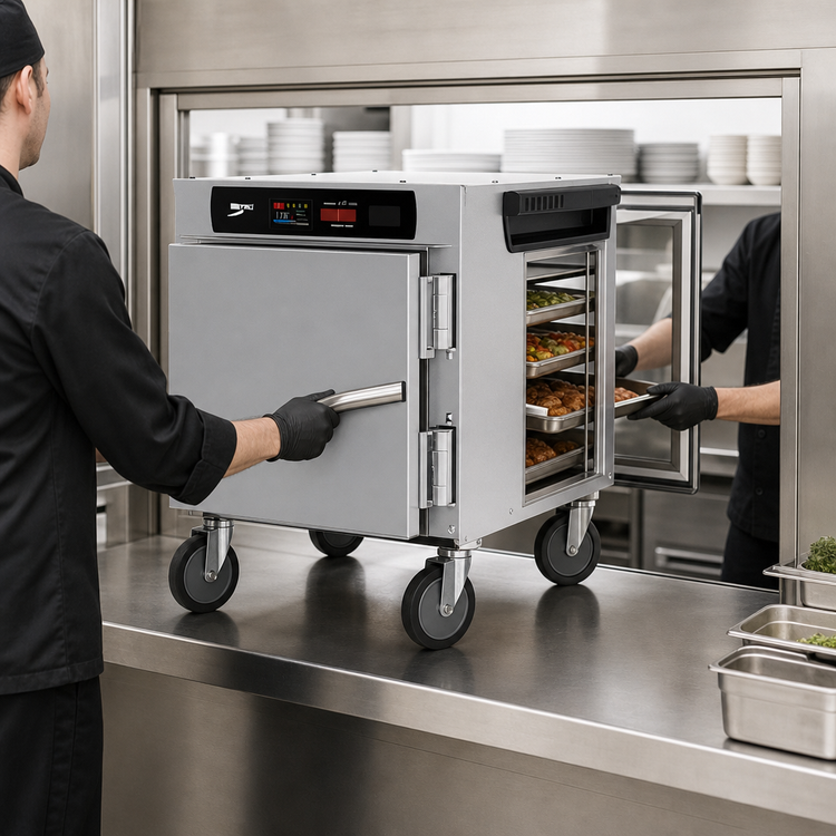 Product image #5 for Metro HotBlox™ Narrow 4-Pan Pass-Thru Undercounter Heated Holding Cabinet with Digital Touchscreen, Solid Front Door and Clear Rear Door, 120V