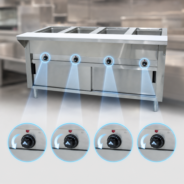 Product image #4 for Advance Tabco Triumph Supreme Electric 4-Well Open Well Hot Food Table with Stationary Enclosed Base and Cutting Board