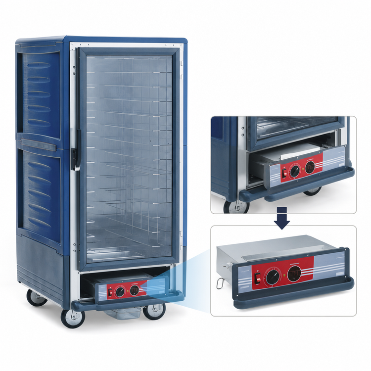 Product image #4 for Metro C5 3 Series Mobile 3/4 Height Heated Holding Cabinet with Clear Polycarbonate Door, Fixed Wire Slides, Blue Insulation Armour