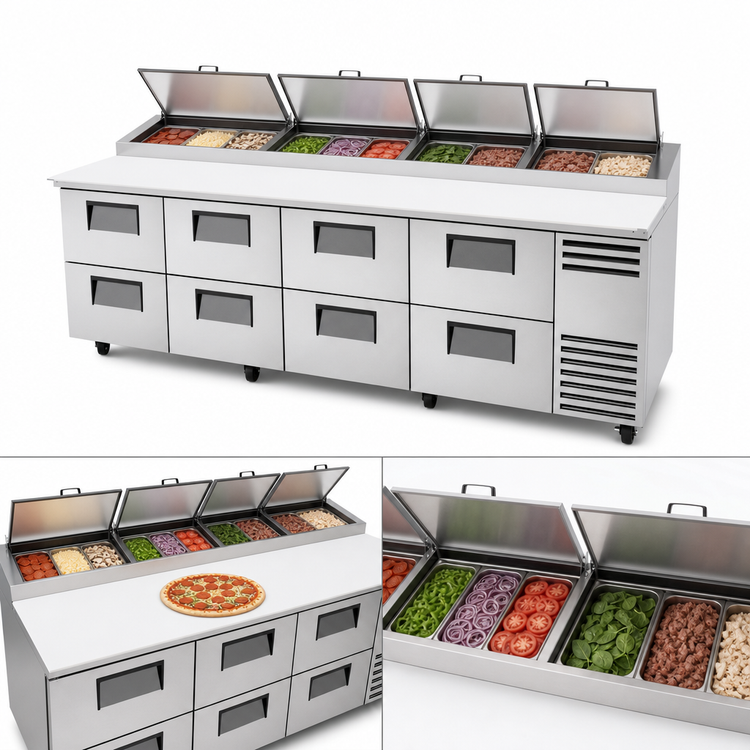 Product image #4 for True 119-Inch 4-Section Pizza Prep Table with 8 Drawers, White Poly Cutting Board, and Self-Contained Refrigeration
