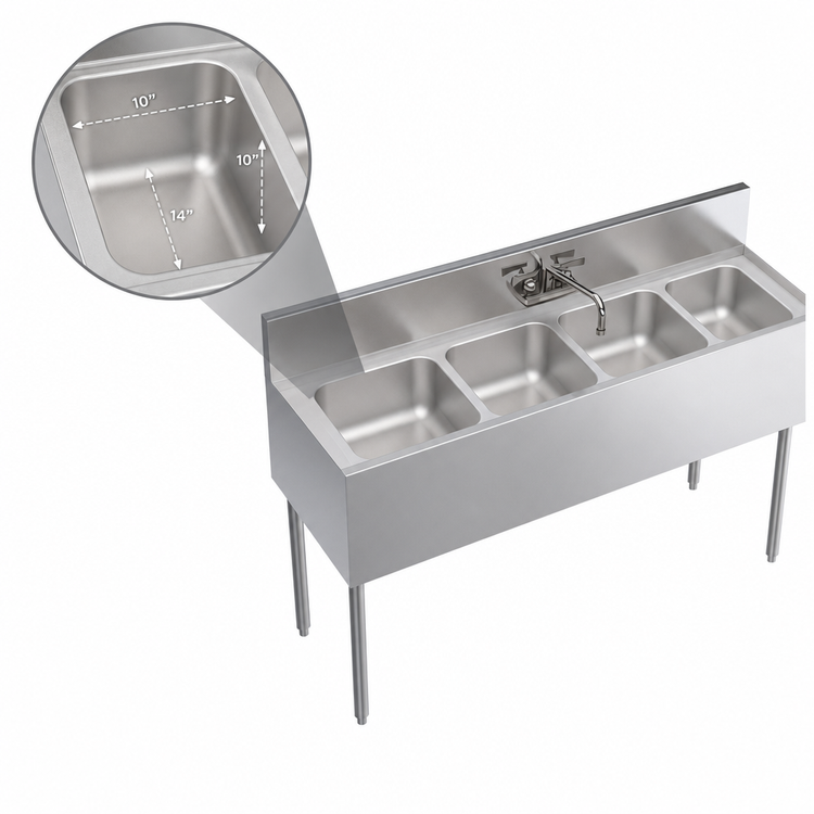 Product image #4 for Krowne Royal Series Four-Compartment Underbar Sink Unit with Splash Mount Faucet, 48 Inch x 19 Inch