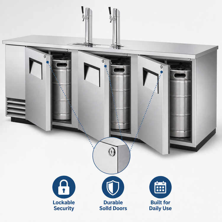 Product image #4 for True Flat-Top Stainless Steel Direct Draw Beer Dispenser, 4 Half-Barrel Keg Capacity, 3 Solid Swing Doors