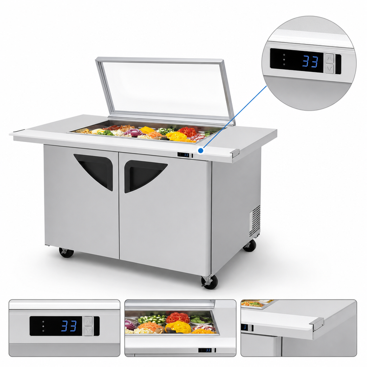 Product image #4 for Turbo Air Super Deluxe Two-Section Sandwich/Salad Mega Top Refrigerated Prep Table with Glass Lid, 18-Pan Capacity