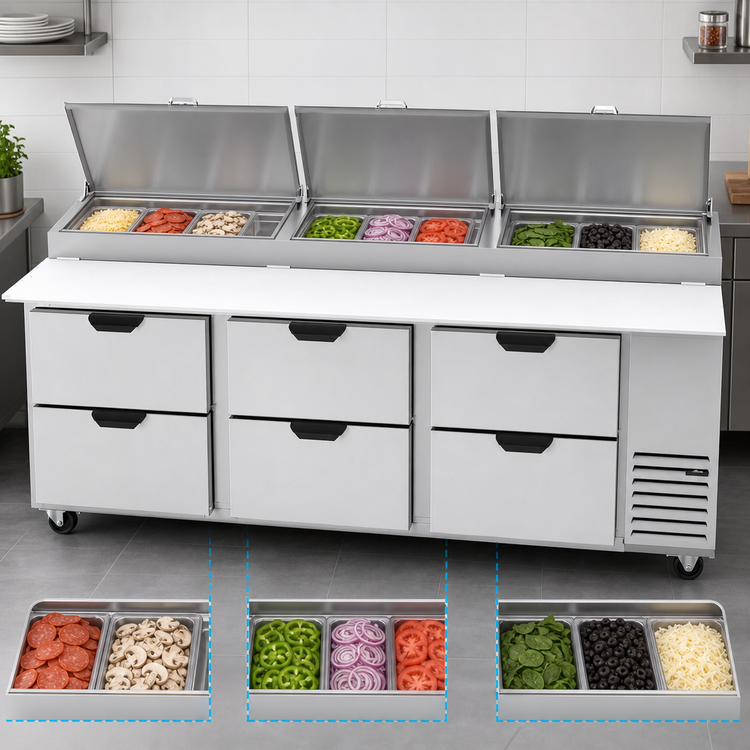 Product image #4 for Beverage-Air DPD93HC-6 Three-Section Pizza Prep Table with 6 Drawers, 93 Inch Wide, Self-Contained Side-Mounted Refrigeration