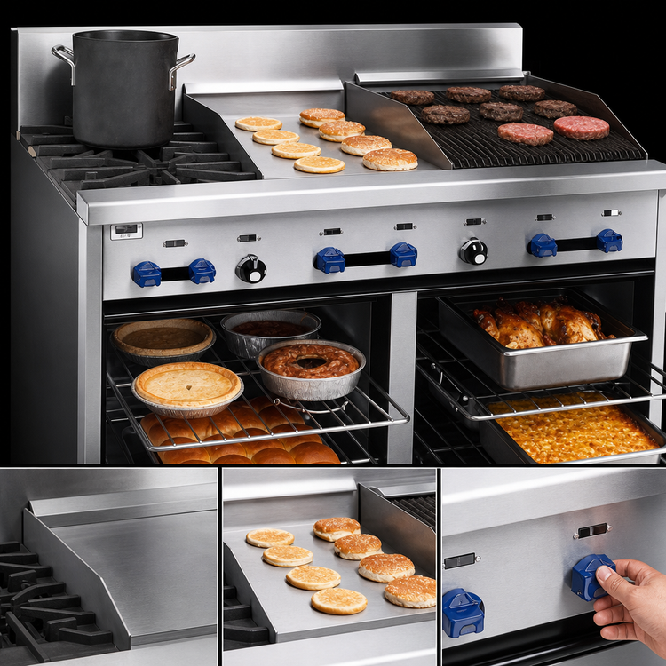 Product image #4 for Comstock-Castle 48-Inch Commercial Gas Range with 2 Open Burners, 18-Inch Griddle, 18-Inch Char-Broiler, and Dual Space-Saver Ovens