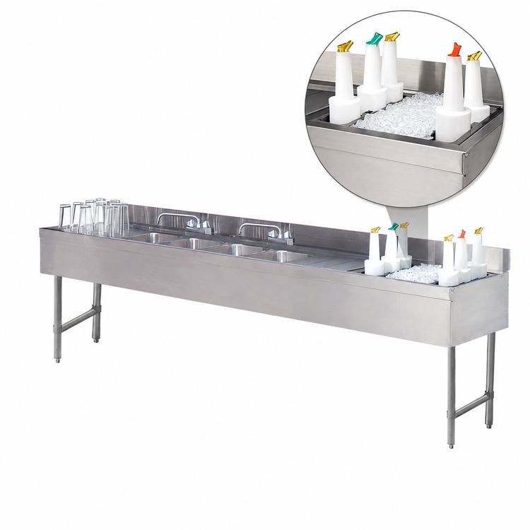 Product image #4 for Advance Tabco Underbar Basics 96-Inch 4-Compartment Stainless Steel Bar Sink and Ice Bin Combo with Right-Side Ice Bin