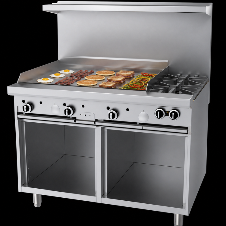 Product image #4 for Garland G Starfire Pro 48-Inch Commercial Gas Restaurant Range with 2 Open Burners, 36-Inch Griddle, and 2 Storage Bases