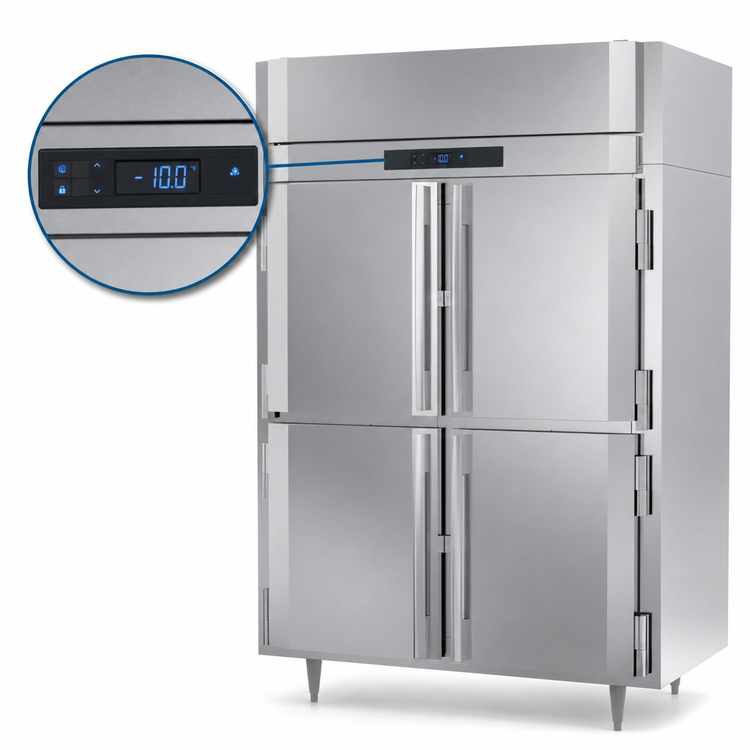 Product image #4 for Victory UltraSpec Extra Wide Two-Section Self-Contained Reach-In Freezer with Four Solid Half-Height Hinged Doors