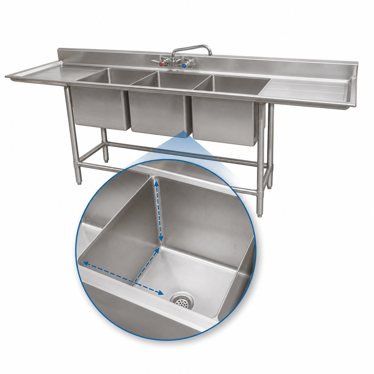 Product image #5 for BK Resources Slim-Line Three-Compartment Underbar Sink with Dual Drainboards, 84 Inch Wide