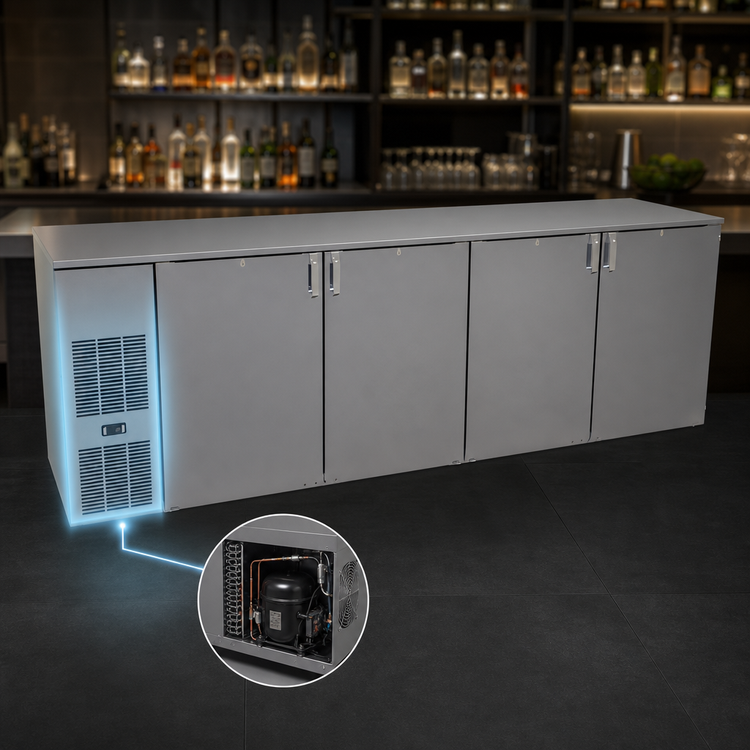 Product image #4 for Glastender C1FB108 One-Zone Front-Serviced Bar Profile Back Bar Cooler, 108 Inch, Four-Section, 4-Door