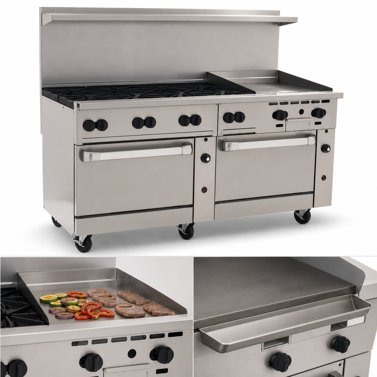 Product image #4 for Vulcan Endurance 72-Inch Stainless Steel Gas Restaurant Range with 8 Open Burners, 24-Inch Thermostatic Griddle, Standard Oven, and Convection Oven