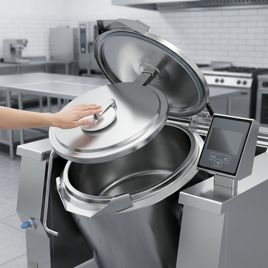 Experience effortless operation with the Baskett Firex tilting kettle's insulated lid, designed for safety and ease of use in any commercial kitchen.