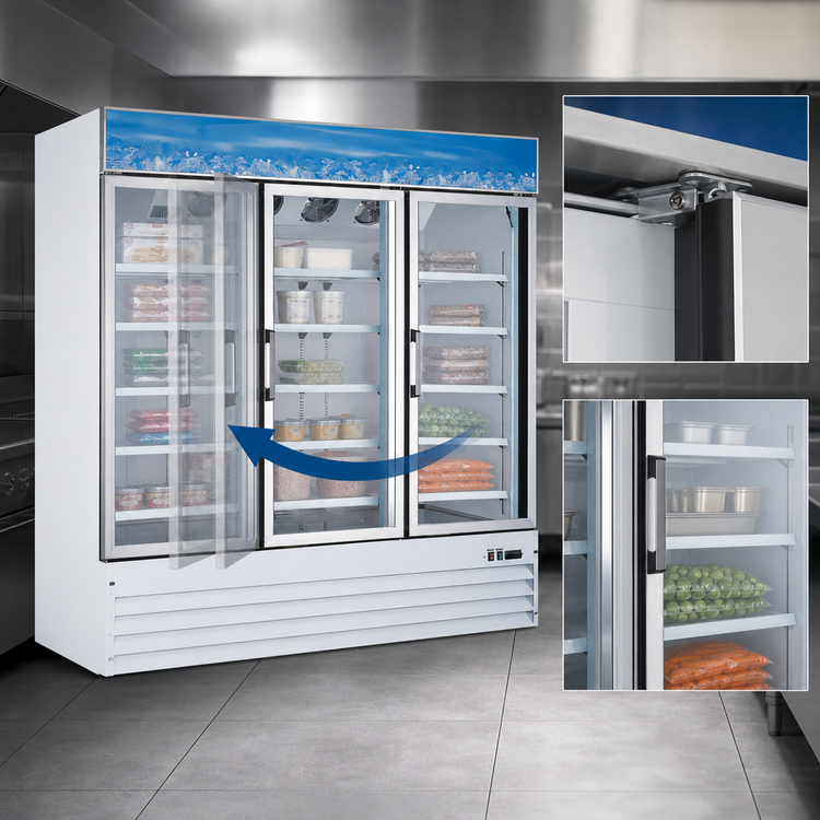 Product image #4 for Omcan USA Three-Section Reach-In Display Freezer with Self-Closing Hinged Glass Doors, 52.3 Cu. Ft., Bottom Mount