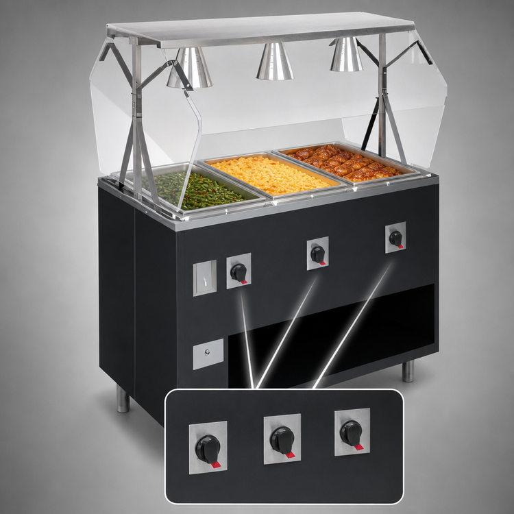 Product image #4 for Vollrath 2-Series Affordable Portable 3-Well Mobile Sealed-Well Hot Food Station with Buffet Breath Guard and Open Storage Base