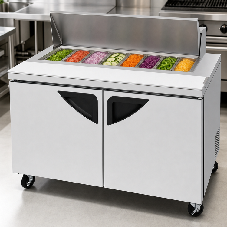 Product image #4 for Turbo Air Super Deluxe 60-1/4 Inch Two-Section Sandwich/Salad Prep Table Refrigerator with 8-Pan Top and 2 Solid Doors