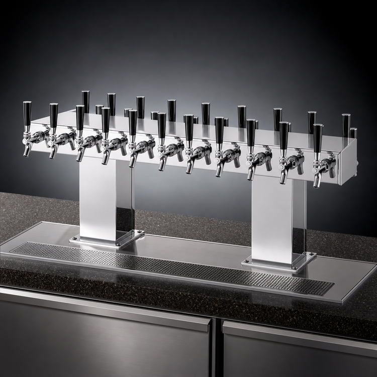 Product image #4 for Perlick Extra High Back-to-Back Bridge Tee Countertop Glycol-Cooled Draft Beer Tower, 32 Faucets, Polished Chrome