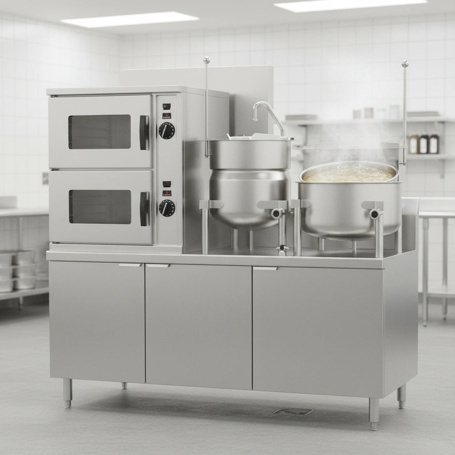 This image showcases the Crown GCX-10-6-10 convection steamer, featuring versatile integrated 6-gallon and 10-gallon kettles for diverse kitchen tasks.