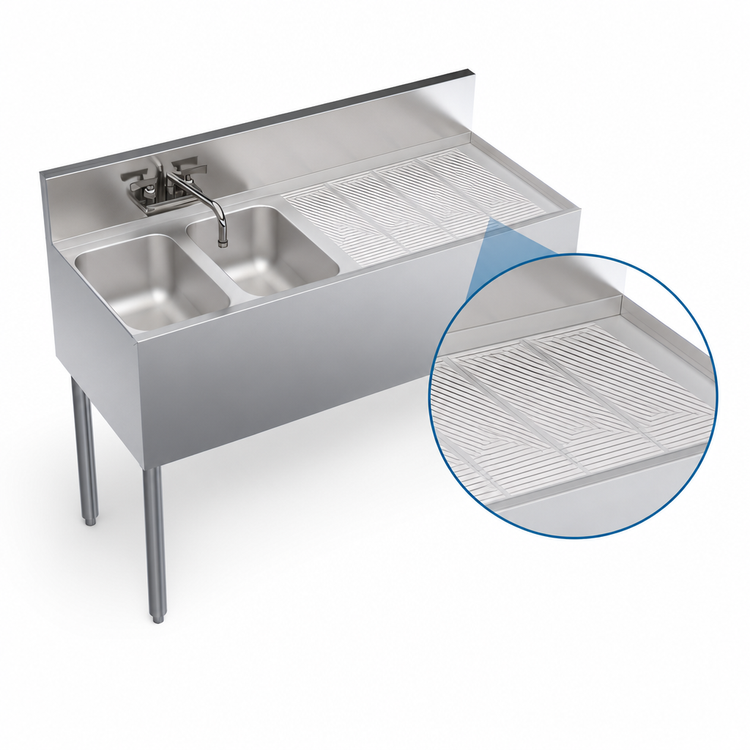 Product image #4 for Krowne Royal Series Two-Compartment Stainless Steel Underbar Sink Unit with Right Drainboard and Faucet, 48 x 19 Inches