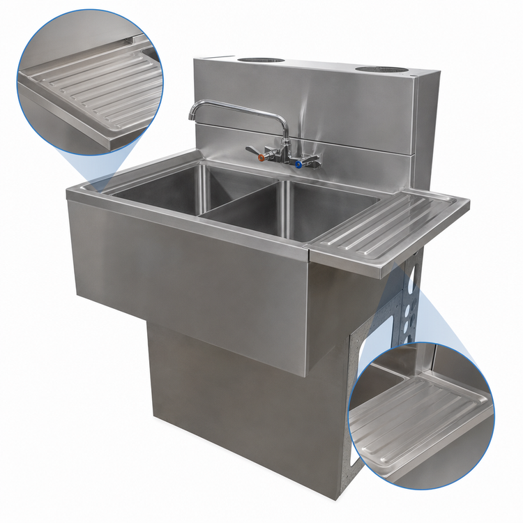 Product image #5 for BK Resources Slim-Line Two-Compartment Underbar Sink with Dual Drainboards, 48 Inch Wide
