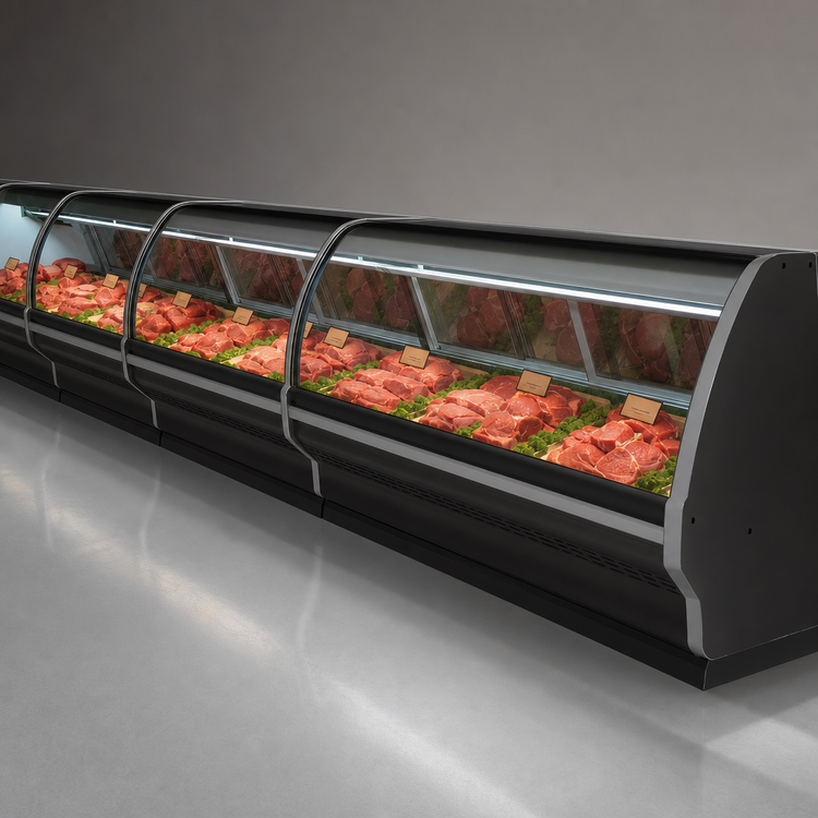 Product image #4 for Howard-McCray 40E Series Remote Red Meat Service Case, 75.5-Inch W, Endless Design, Double-Bend Curved Glass, Black Exterior/White Interior, LED