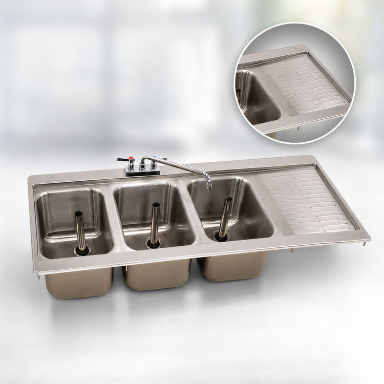 Product image #4 for Advance Tabco Bar King Supreme 48-5/16-Inch Drop-In Triple Bowl Bar Sink with Right Drainboard and Faucet