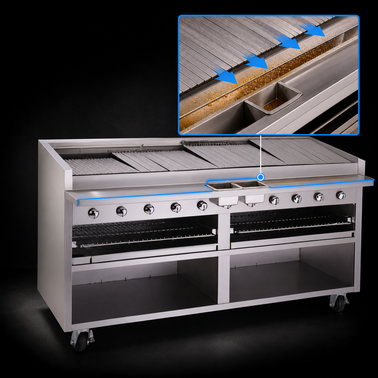 Product image #4 for Bakers Pride Dante Series 72-Inch Gas Radiant Charbroiler, Floor Model, Round Rod Grate, Open Cabinet Base