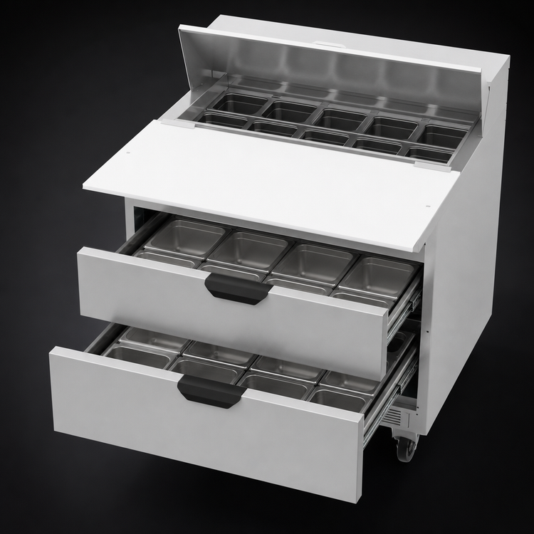 Product image #5 for Beverage Air Sandwich Top Refrigerated Prep Table with 2 Drawers, 36-Inch Wide, 10.01 Cu. Ft.