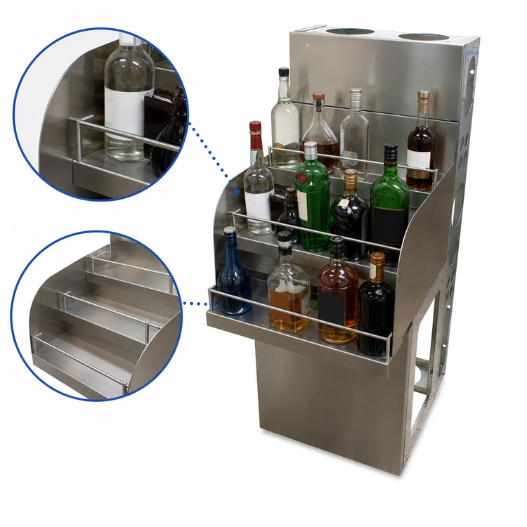 Product image #5 for BK Resources Free-Standing Underbar Liquor Bottle Display Unit, 12-Inch Wide, 4-Step, 13-Bottle Capacity