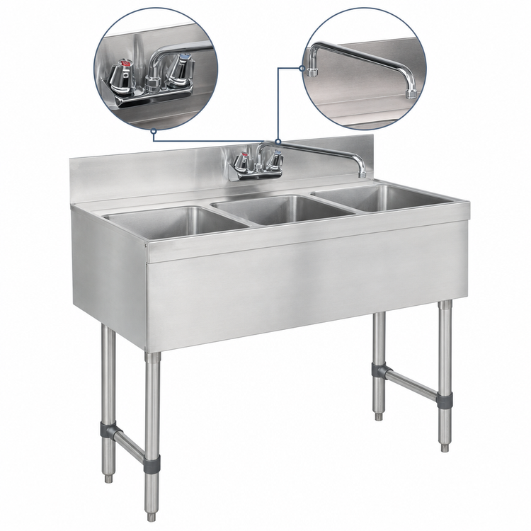 Product image #4 for 3-Compartment Stainless Steel Bar Sink with Splash-Mounted Faucet, No Drainboards, 36 x 18 x 33 Inches