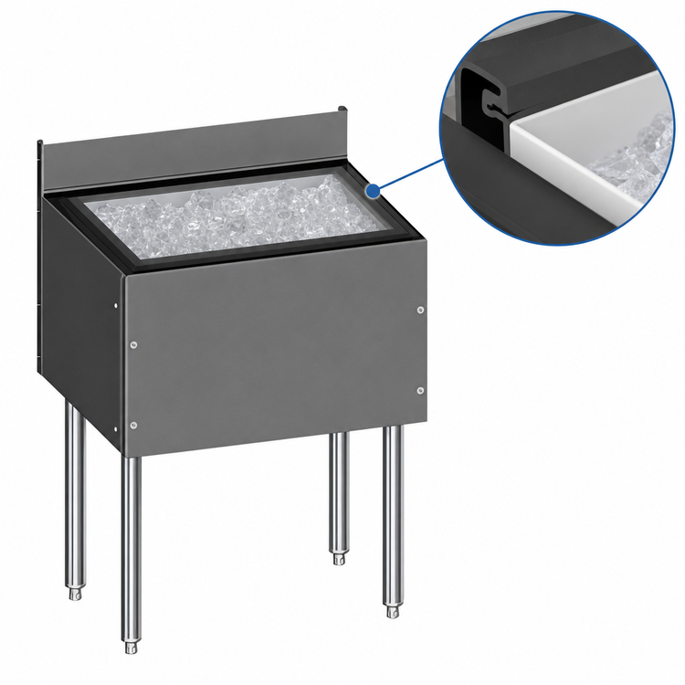 Product image #4 for Choice by Glastender 24-Inch Wide x 24-Inch Deep Underbar Ice Bin with Open-Channel Backsplash, 85 lb. Capacity