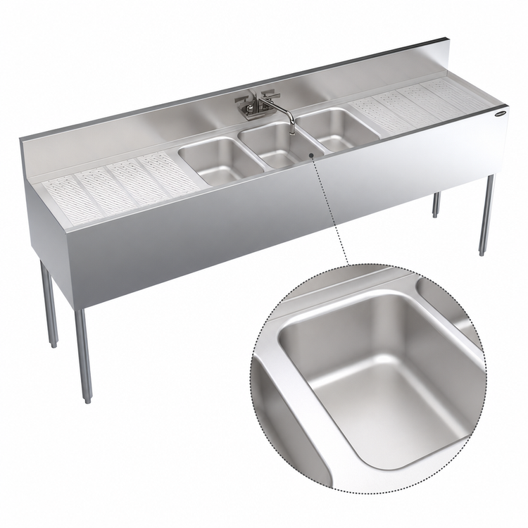 Product image #4 for Krowne Royal Series 84-Inch Wide x 19-Inch Deep Three-Compartment Stainless Steel Underbar Sink Unit with Dual Drainboards and Faucet