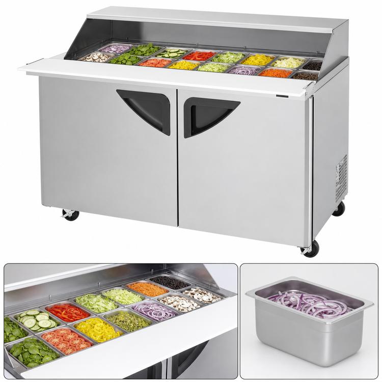 Product image #5 for Turbo Air Super Deluxe Two-Section 15 Cu. Ft. 2-Door Mega Top Sandwich/Salad Prep Table with Slide-Back Lid, 48-1/4 Inch Wide, 12-Pan Capacity