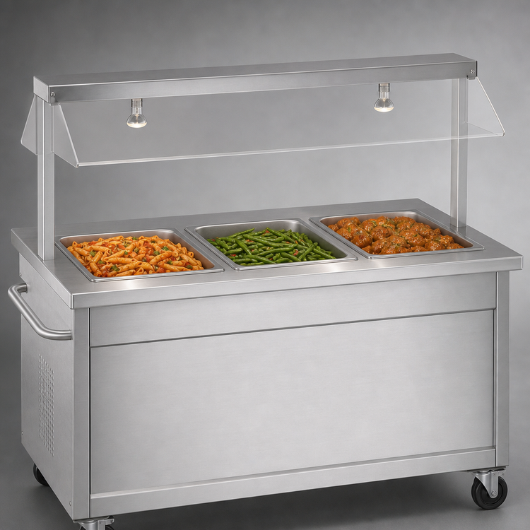 Product image #4 for Vollrath 2-Series Affordable Portable 3-Well Mobile Hot Food Station with Buffet Breath Guard and Lights, Brushed Aluminum, 120V