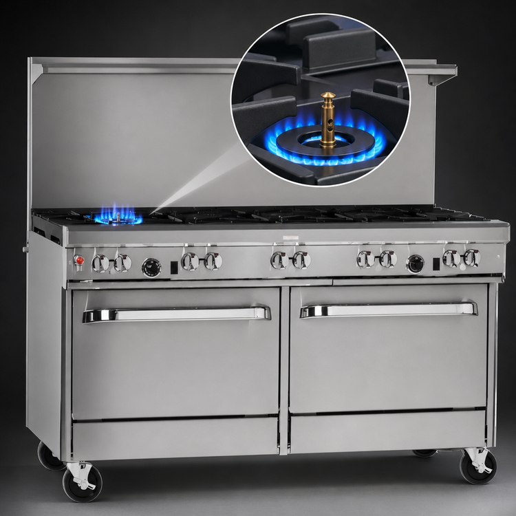 Product image #4 for Ultimate 60-Inch Commercial Gas Restaurant Range with 9 Open Burners, 2 Cabinets, and Hi-Shelf Backriser