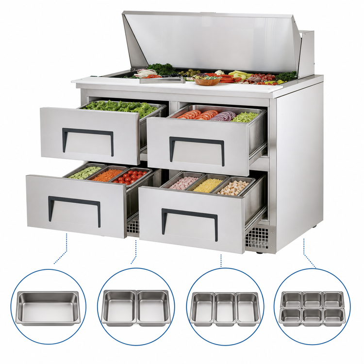 Product image #4 for True 48-Inch Two-Section Drawered Sandwich/Salad Prep Table with 4 Drawers, 18-Pan Top, R290 Hydrocarbon Refrigeration