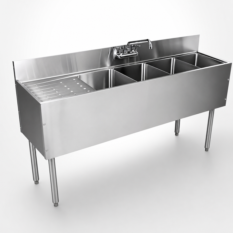 Product image #4 for CHOICE by Glastender 48-Inch Wide Three-Compartment Underbar Sink Unit with Left Drainboard and Deck-Mounted Faucet