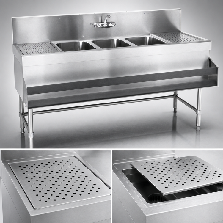 Product image #4 for Spec-Bar Three-Compartment Underbar Sink Unit with Left & Right Drainboards, 72 x 19 x 37 Inches