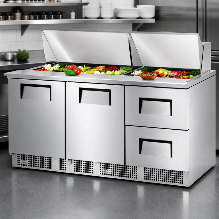 Product image #4 for 72-Inch Three-Section Sandwich/Salad Prep Table with Doors and Drawers, Rear-Mounted Self-Contained Refrigeration, 30-Pan Top Capacity