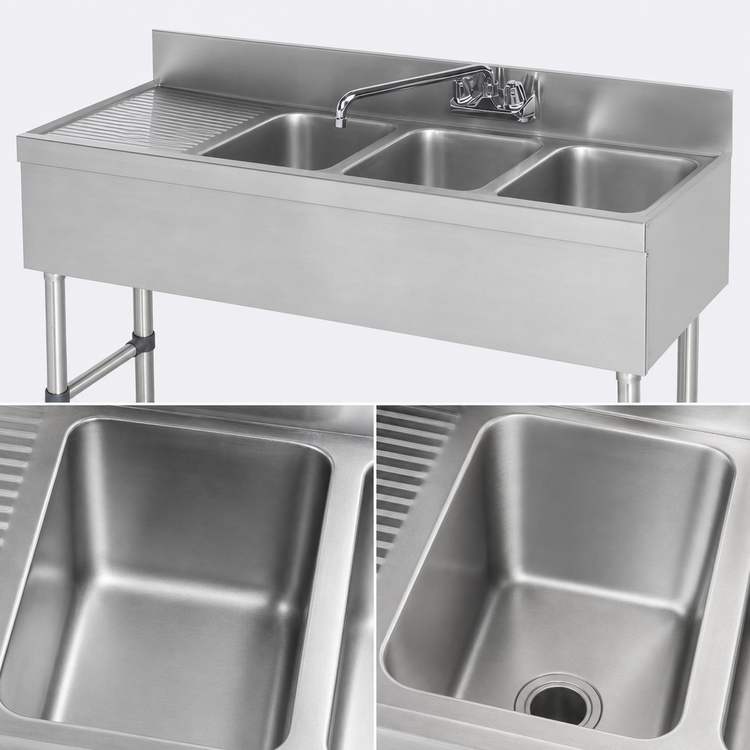 Product image #4 for Advance Tabco Special Value Series 3-Compartment Stainless Steel Bar Sink with Left Drainboard and Splash-Mounted Faucet, 48-Inch W x 18-Inch D x 33-Inch H